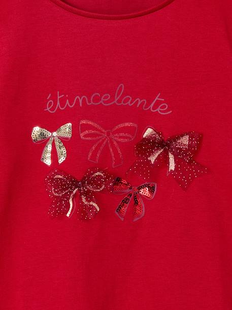 Girl's Christmas t-shirt with bow and glitter detail, long sleeves red 