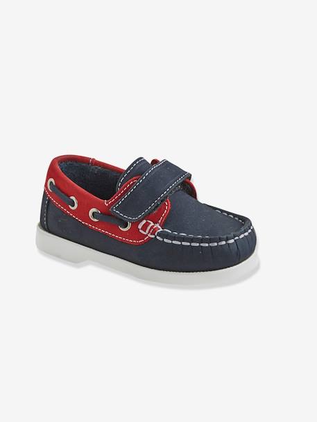 Leather Boat Shoes, for Babies BLUE DARK SOLID WITH DESIGN 
