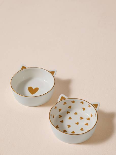 Set of 2 Ceramic Cat Bowls, FAMILY ecru+printed white 