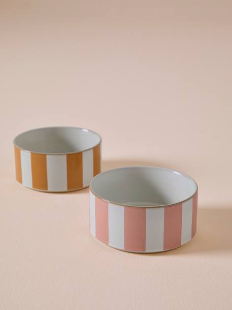Ceramic Dog Bowl, FAMILY camel+printed white+striped pink 