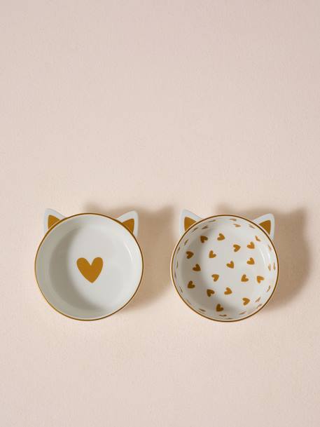 Set of 2 Ceramic Cat Bowls, FAMILY ecru+printed white 