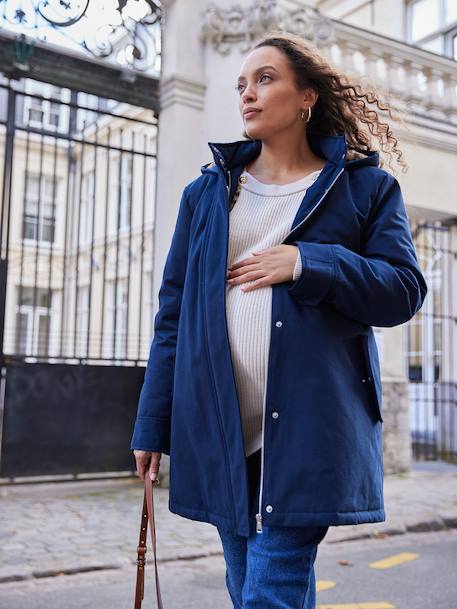 Fur-lined leopard print maternity and babywearing parka ENVIE DE FRAISE navy blue 