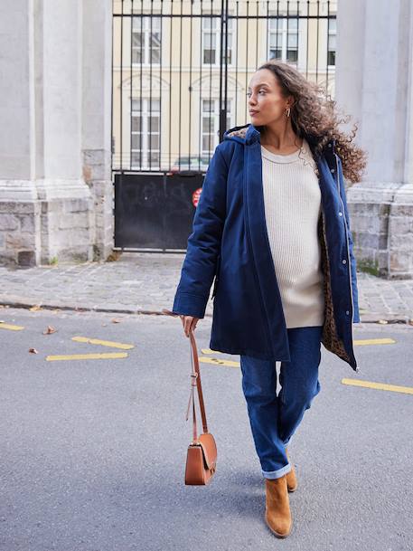 Fur-lined leopard print maternity and babywearing parka ENVIE DE FRAISE navy blue 