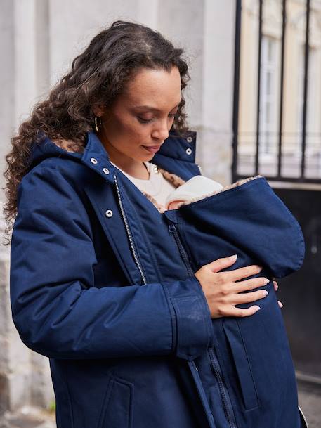 Fur-lined leopard print maternity and babywearing parka ENVIE DE FRAISE navy blue 