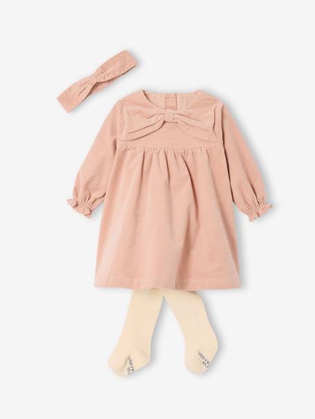 Baby girl dress, band for head accessories for hair, tights and Christmas gift box set rosy 