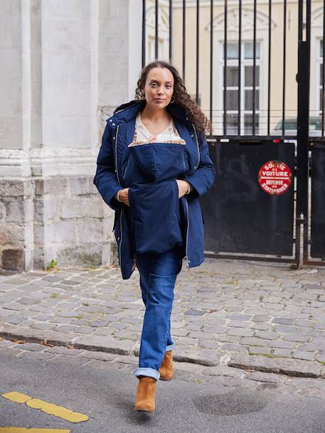 Fur-lined leopard print maternity and babywearing parka ENVIE DE FRAISE navy blue 