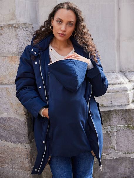 Fur-lined leopard print maternity and babywearing parka ENVIE DE FRAISE navy blue 