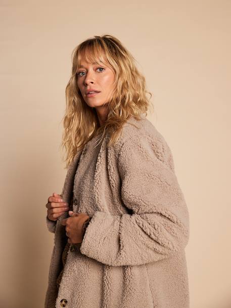 Sherpa jacket with leopard lining for women, mother-daughter capsule collection by ENVIE DE FRAISE taupe 