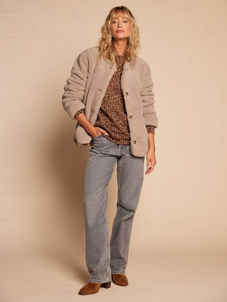 Sherpa jacket with leopard lining for women, mother-daughter capsule collection by ENVIE DE FRAISE taupe 