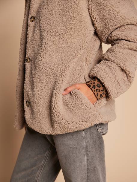 Sherpa jacket with leopard lining for women, mother-daughter capsule collection by ENVIE DE FRAISE taupe 