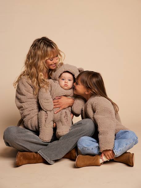 Sherpa jacket with leopard lining for women, mother-daughter capsule collection by ENVIE DE FRAISE taupe 