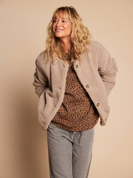Sherpa jacket with leopard lining for women, mother-daughter capsule collection by ENVIE DE FRAISE taupe 