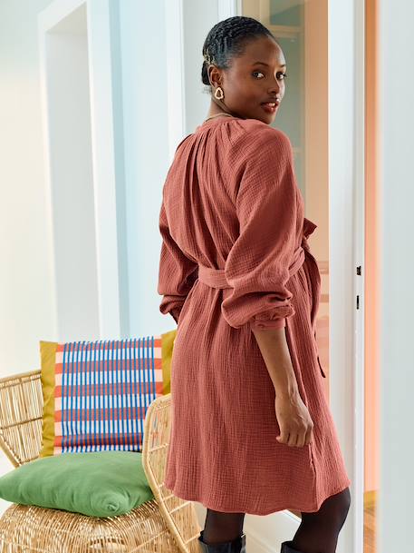 Short cotton gauze dress for maternity and nursing clothes black+dusky pink 