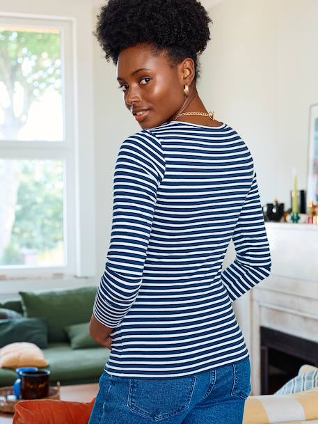 Long-Sleeved Maternity Top navy blue+White Stripes 