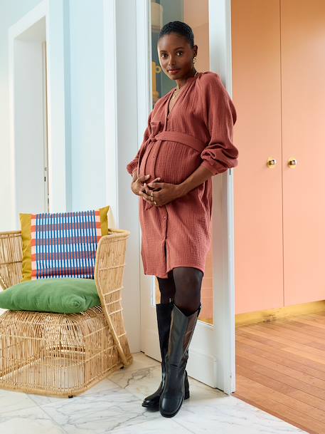 Short cotton gauze dress for maternity and nursing clothes black+dusky pink 