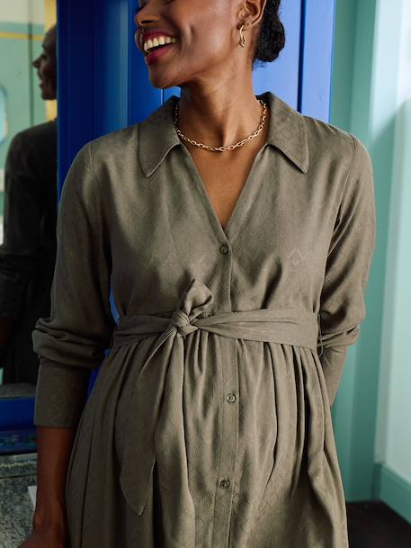 Long jacquard shirt dress for pregnancy and nursing clothes khaki 