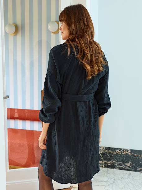 Short cotton gauze dress for maternity and nursing clothes black+dusky pink 