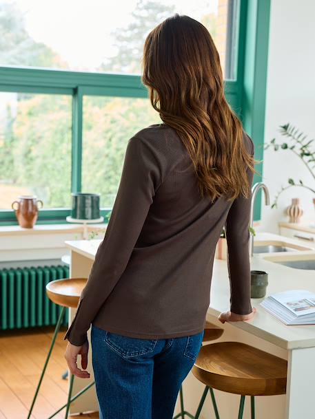 Long-Sleeved T-Shirt in Rib Knit for Maternity chocolate 