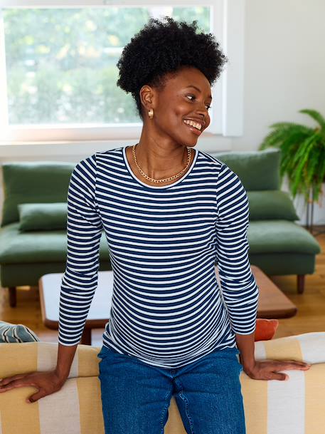 Long-Sleeved Maternity Top navy blue+White Stripes 