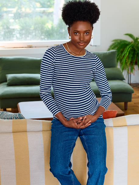 Long-Sleeved Maternity Top navy blue+White Stripes 