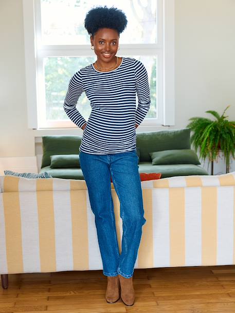 Long-Sleeved Maternity Top navy blue+White Stripes 