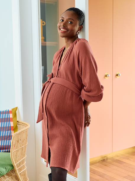 Short cotton gauze dress for maternity and nursing clothes black+dusky pink 