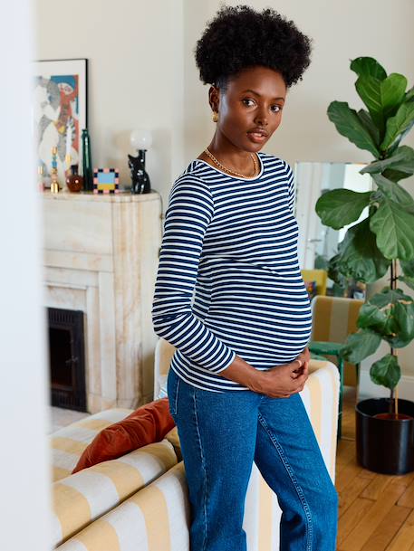 Long-Sleeved Maternity Top navy blue+White Stripes 