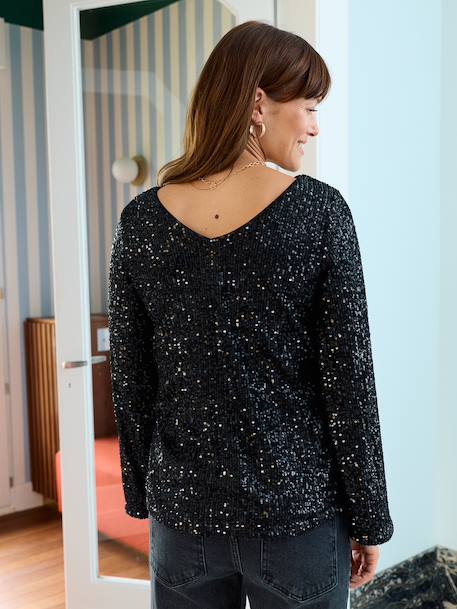 Reversible sequin nursing blouse, front/back black 