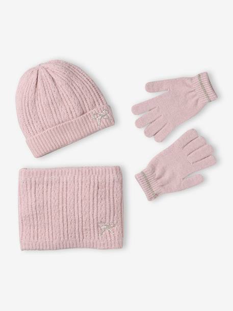 Girl's Christmas set: beanie + snood + mittens/gloves rosy 
