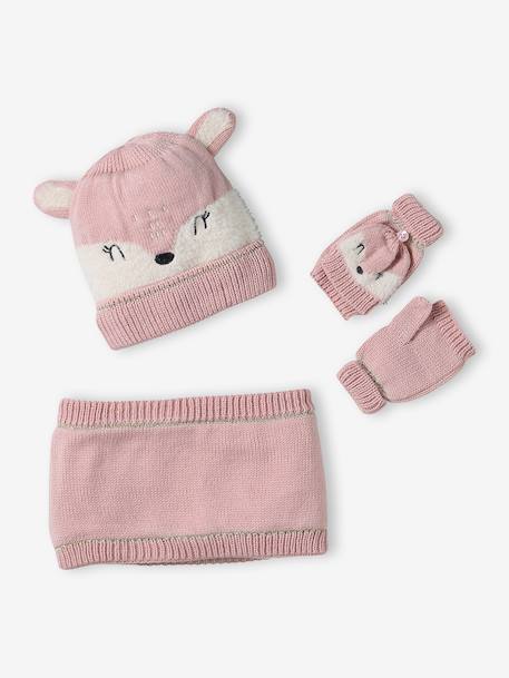 Christmas Set with Beanie + Snood + Gloves/Mittens rosy 