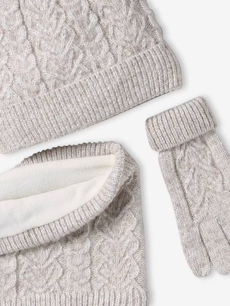 Christmas Cable Knit Set: Beanie + Snood + Mittens/Gloves for Girls marl beige 