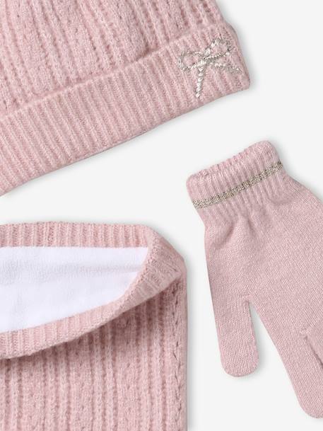 Girl's Christmas set: beanie + snood + mittens/gloves rosy 