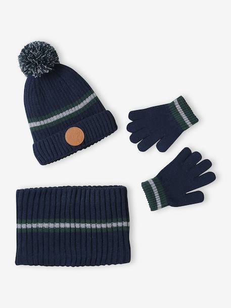 Christmas set: reindeer beanie + snood + mittens/gloves for boys navy blue 