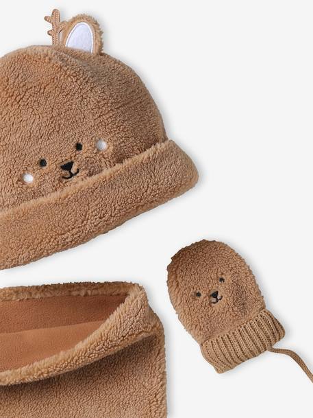 Christmas Set with Bear Beanie, Snood & Mittens for Babies pecan nut 