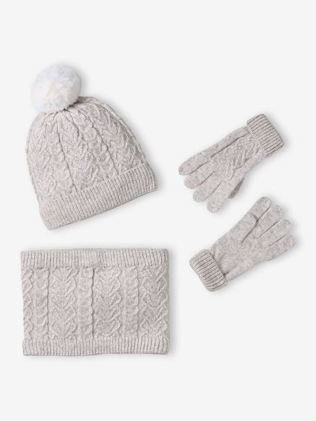 Christmas Cable Knit Set: Beanie + Snood + Mittens/Gloves for Girls marl beige 