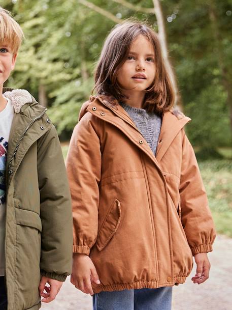 Hooded Parka with Faux Fur Lining for Girls black+camel+dark green+dusky pink+navy blue+plum 