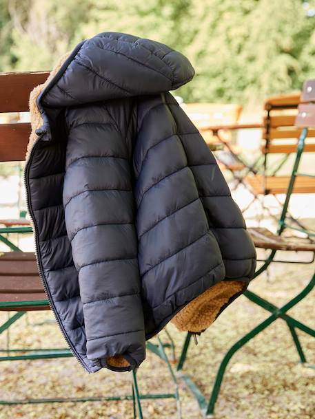 Reversible Hooded Jacket, Padded & in Sherpa, for Boys fir green+mocha 