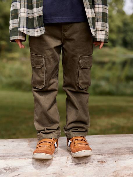 Easy to Slip-on Cargo Trousers with Lining for Boys khaki+night blue 