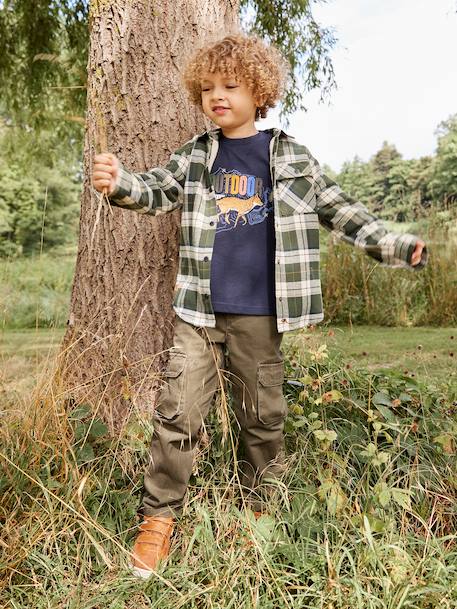 Easy to Slip-on Cargo Trousers with Lining for Boys khaki+night blue 