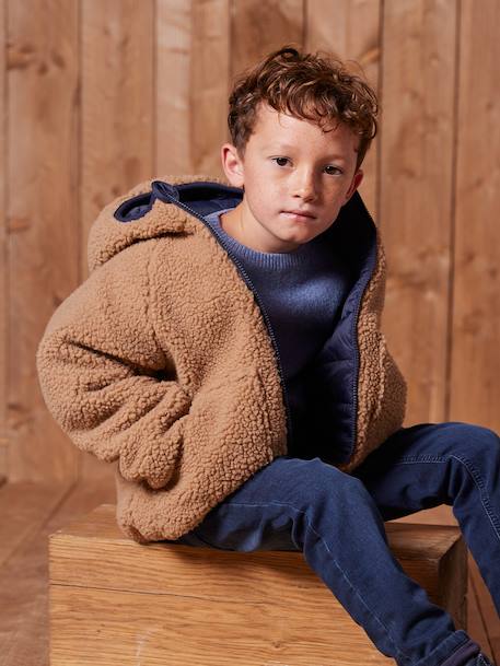 Reversible Hooded Jacket, Padded & in Sherpa, for Boys fir green+mocha 