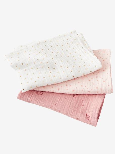 Pack of 3 Muslin Squares in Cotton Gauze Pink/Print 