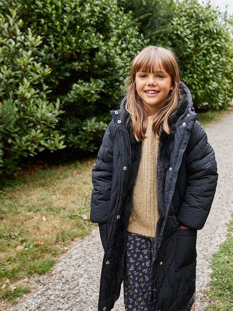 Long Lightweight Jacket with Hood & Faux Fur Lining, for Girls black+khaki 