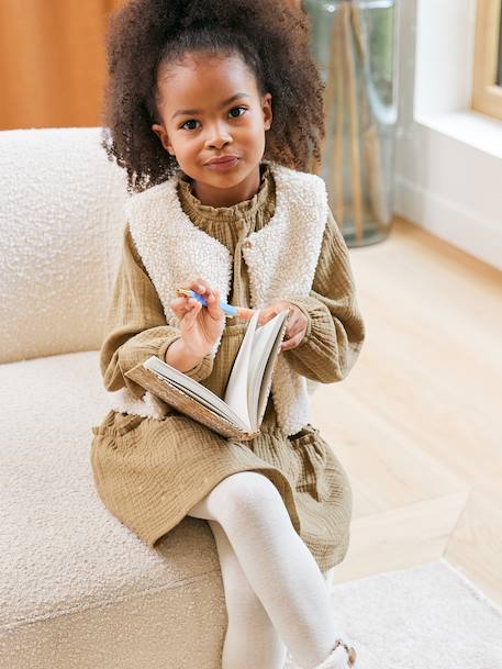 Set of 3 dress + sherpa cardigan + girls tights olive 