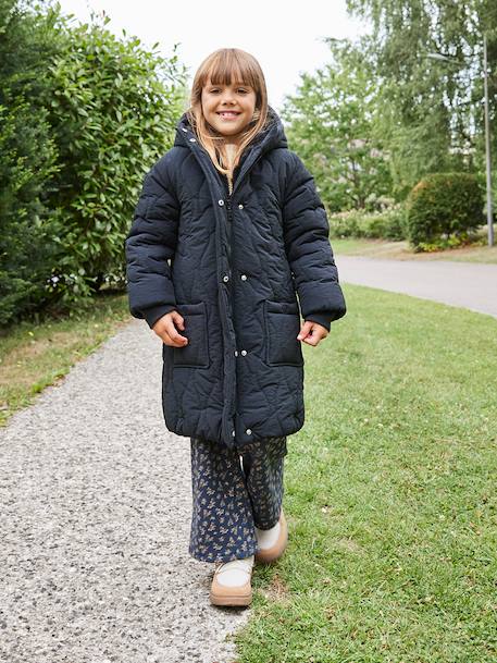 Long Lightweight Jacket with Hood & Faux Fur Lining, for Girls black+khaki 