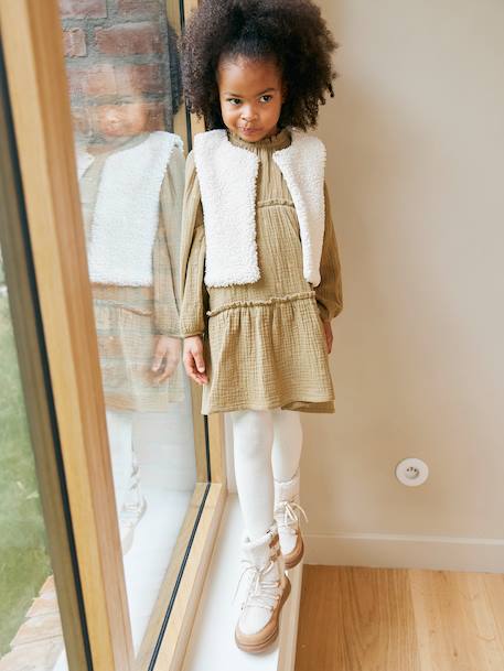 Set of 3 dress + sherpa cardigan + girls tights olive 