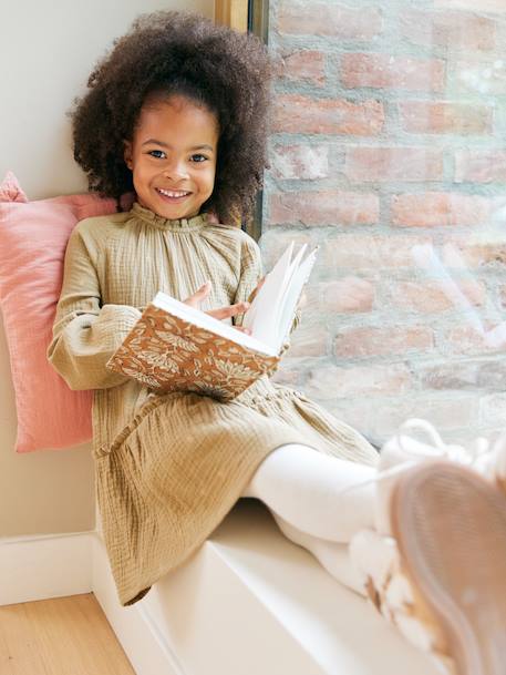Set of 3 dress + sherpa cardigan + girls tights olive 