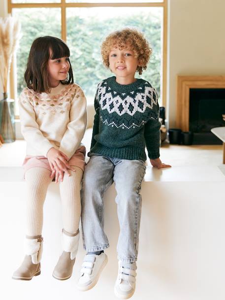 Jacquard Knit Jumper, Round Neckline, for Boys green+slate blue 