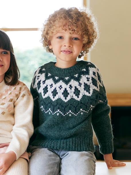 Jacquard Knit Jumper, Round Neckline, for Boys green+slate blue 