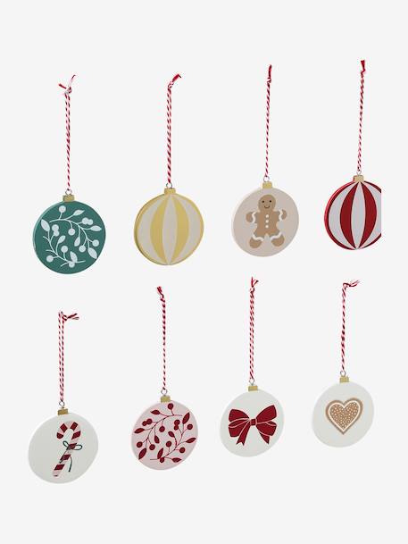 Pack of 10 Wooden Christmas Baubles, MOONY printed red 