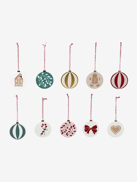 Pack of 10 Wooden Christmas Baubles, MOONY printed red 